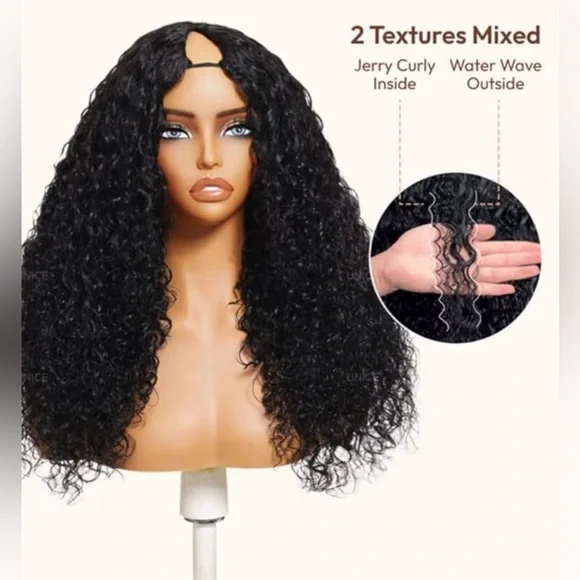 UNICE InvisiBlend V Part Water Wave Mixed Curly Human Hair 20 Inch Wig
